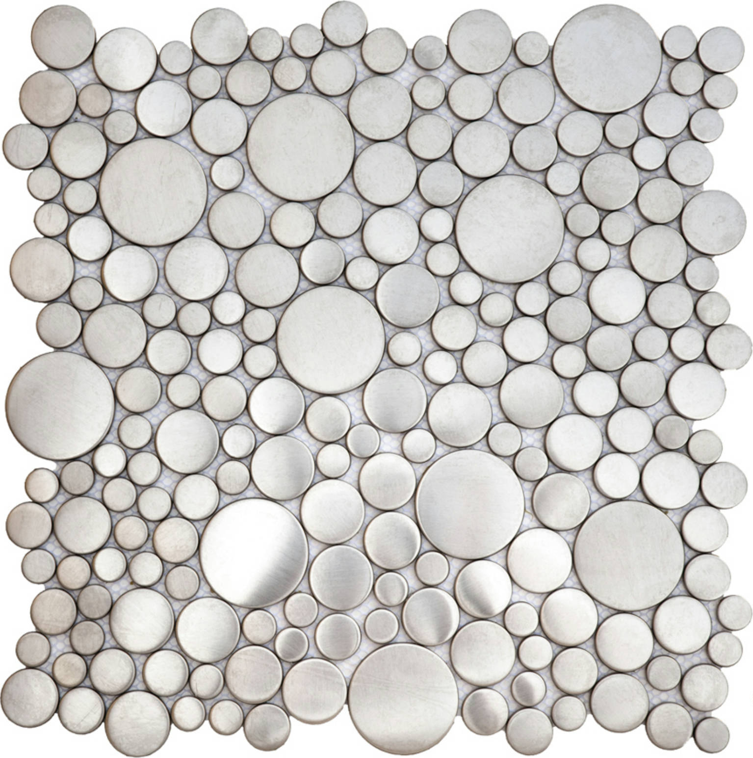 Brushed Silver Penny Rounds Inox Metal Interlocking Mosaic | Clon Digital Tile Catalog