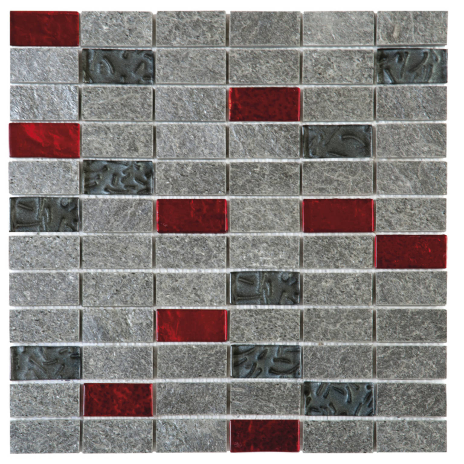 Grey Natural Quartzite Red Glass Mosaic 1"X2" | Clon Digital Tile Catalog