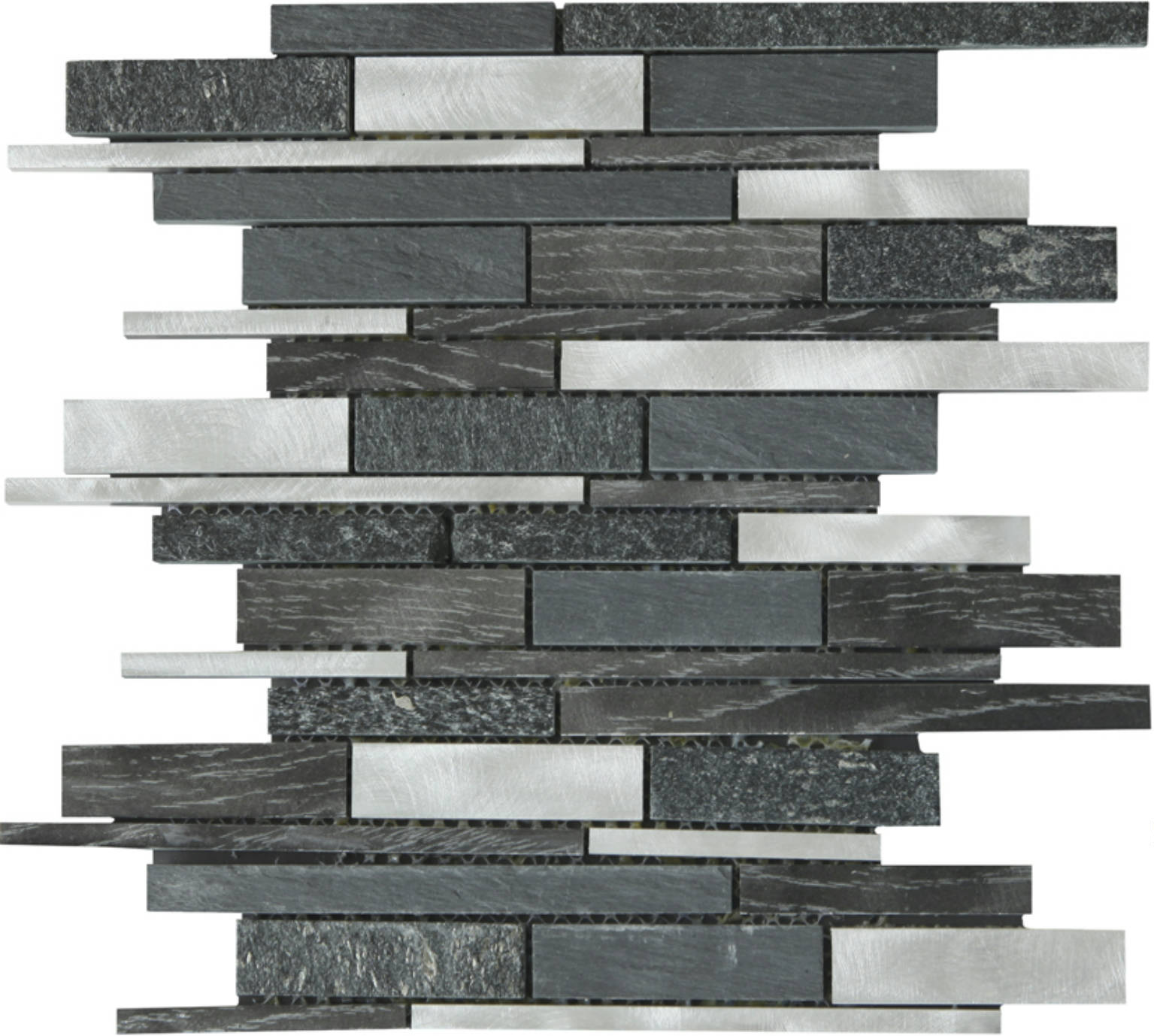 Grey/Black Stone Aluminum Mix Baguette Interlocking Mosaic | Clon Digital Tile Catalog
