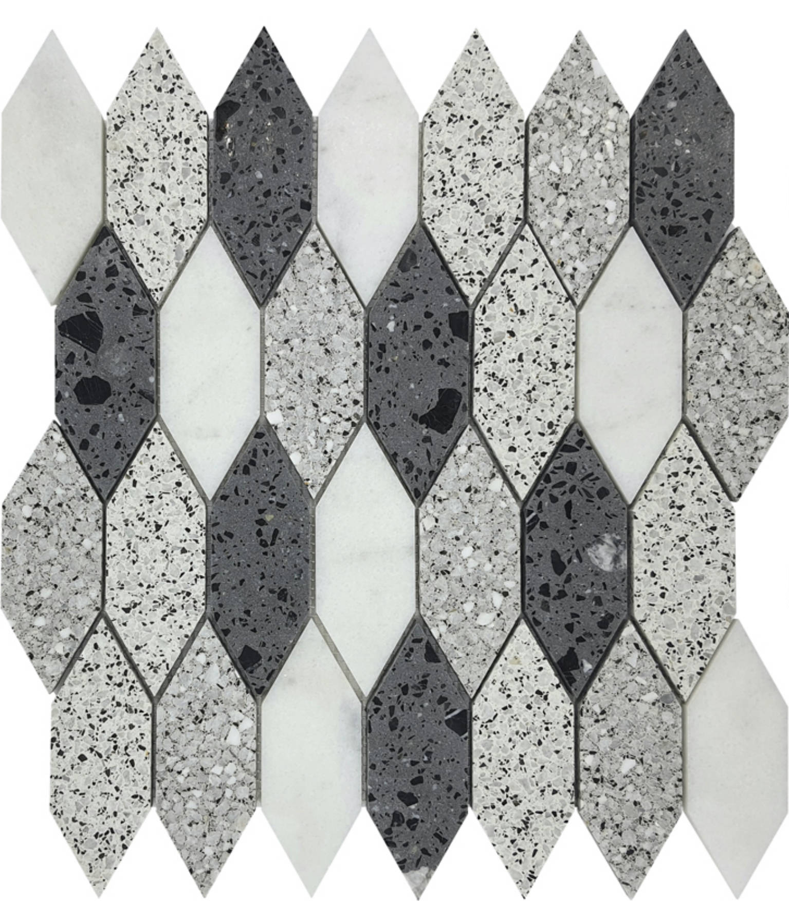 Long Hexagon Terrazzo Marble White Grey Black Mix Mosaic | Clon Digital Tile Catalog