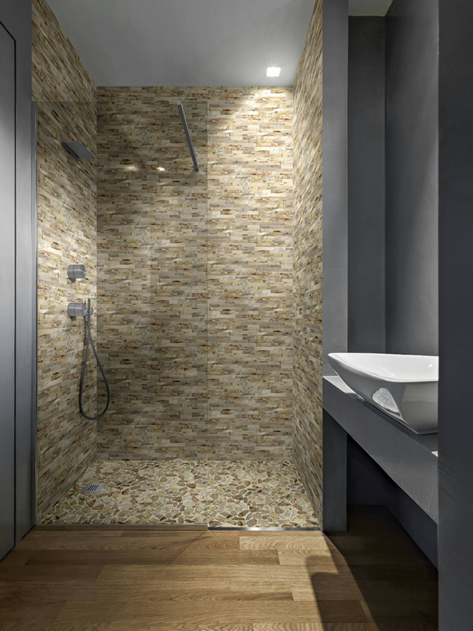 Fossil Wood Mini Opus Mix Beige Interlocking Mosaic | Clon Digital Tile Catalog