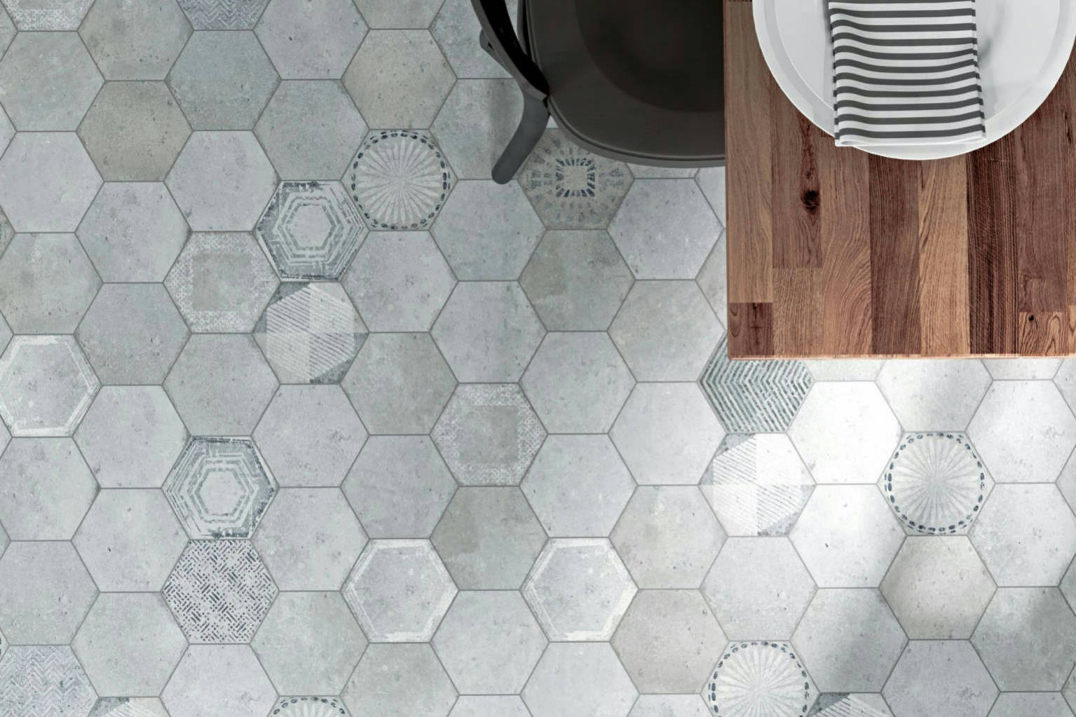 Alma 5.5x6.3” Grey and Grey Decor Hexagon | Clon Digital Tile Catalog