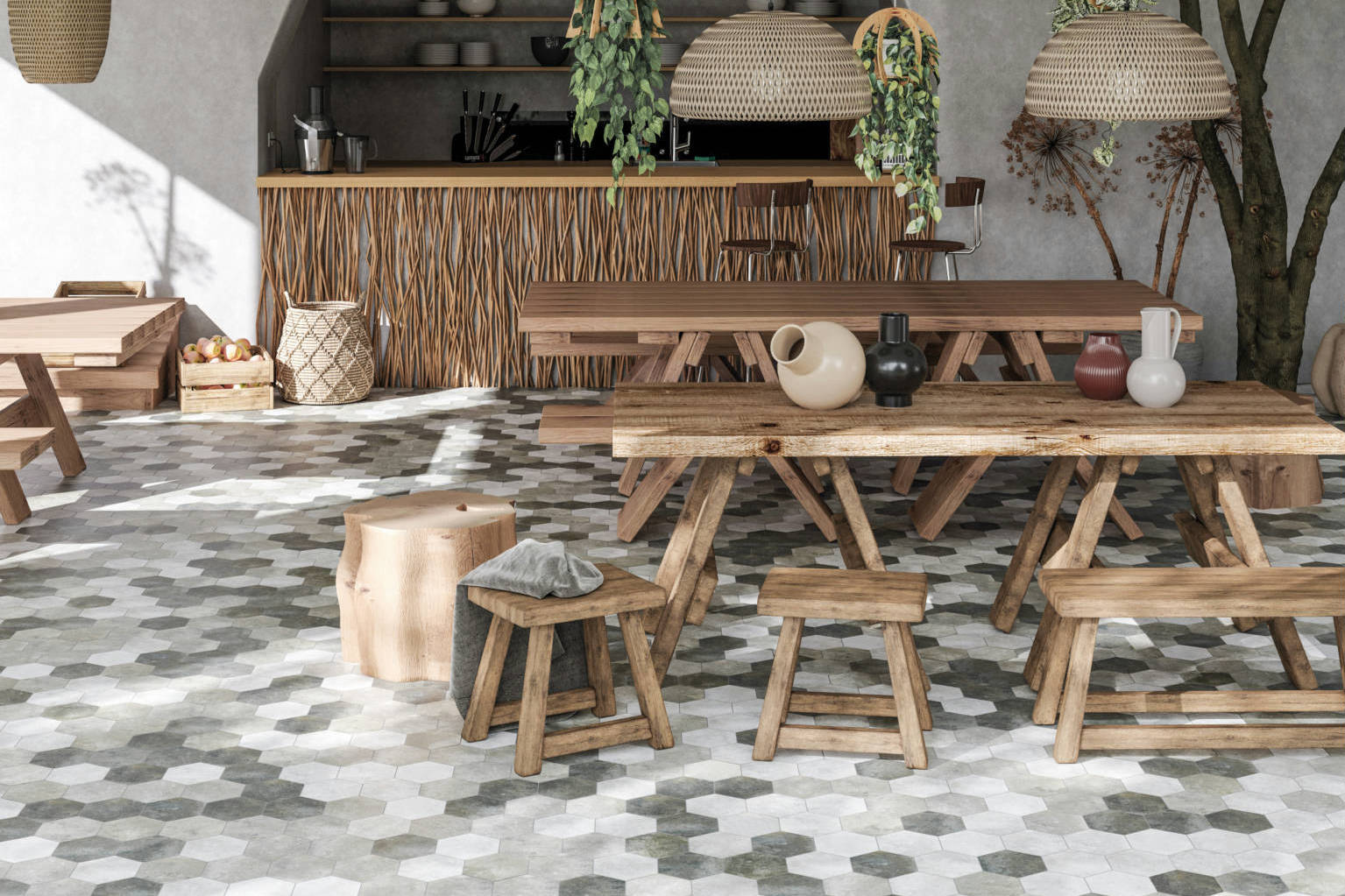 Seville 5.5X6.3” Grey, Black, and White Hexagon | Clon Digital Tile Catalog