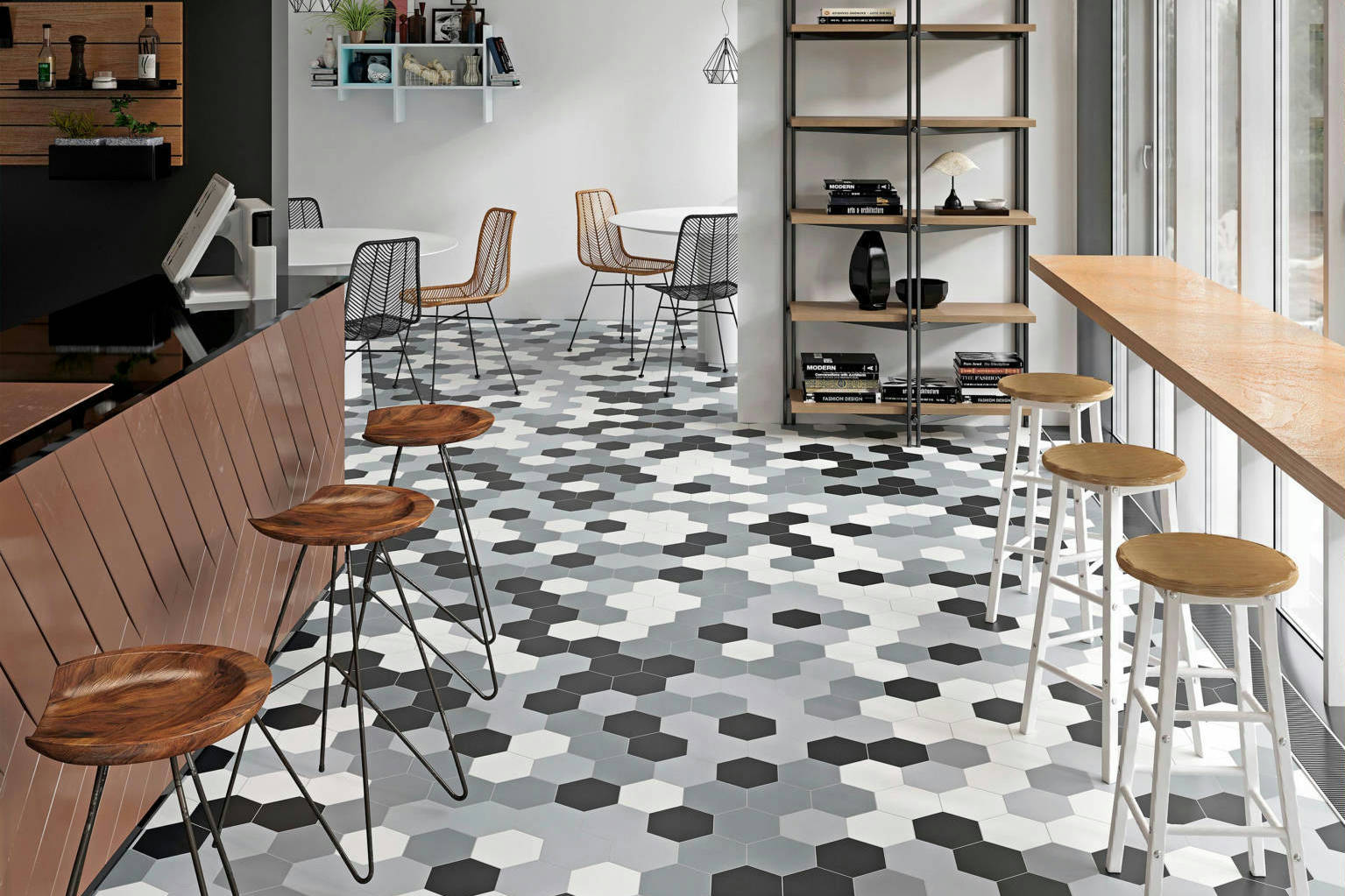 Vida 5.5X6.3” Black, Grey, Pearl, and White Hexagons | Clon Digital Tile Catalog