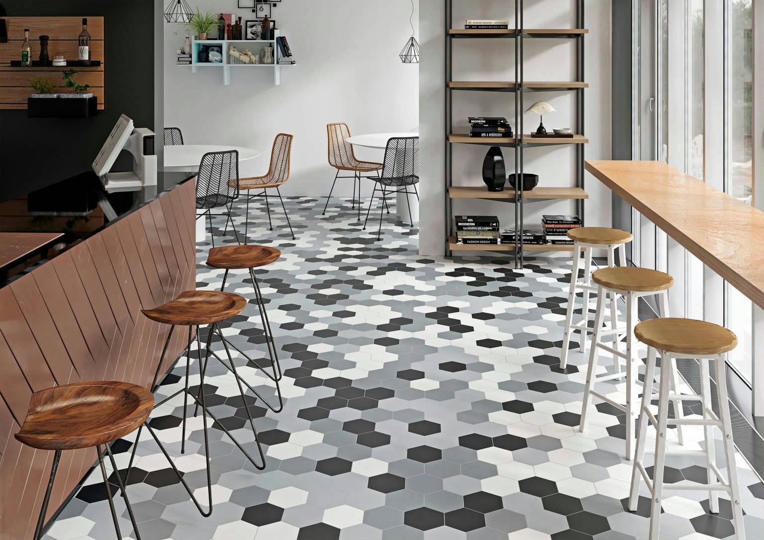 Vida 5.5X6.3” Black, Grey, Pearl, and White  Hexagons | Clon Digital Tile Catalog