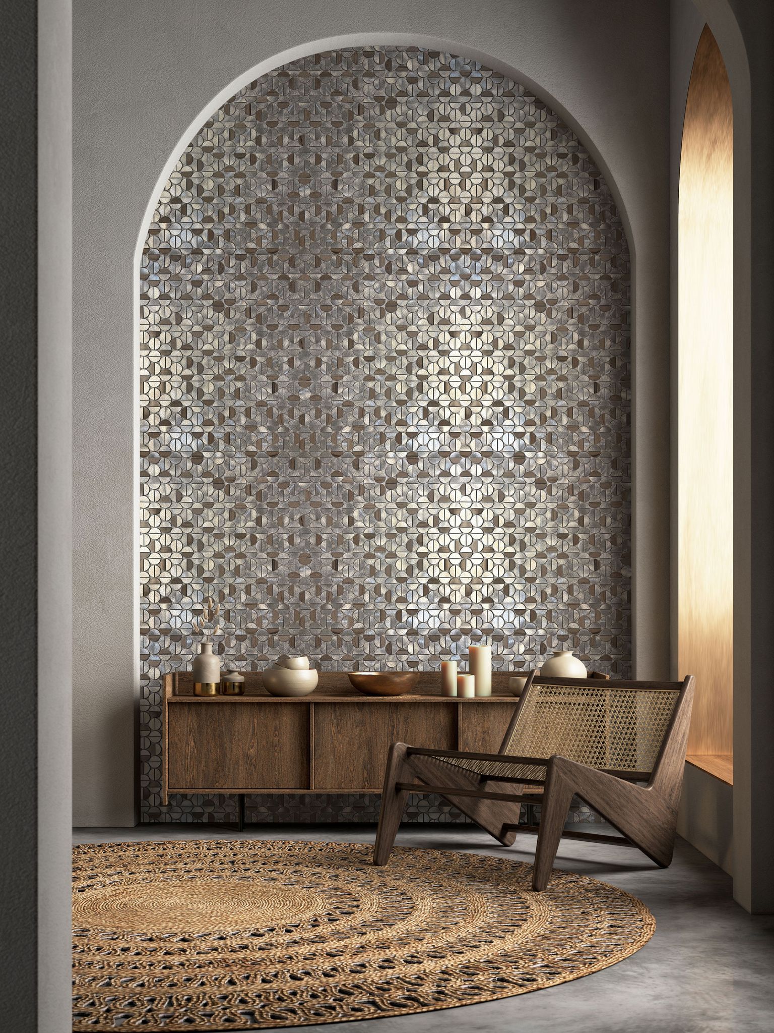 Aluminum & Marble Semi Circle Silver Brown | Clon Digital Tile Catalog