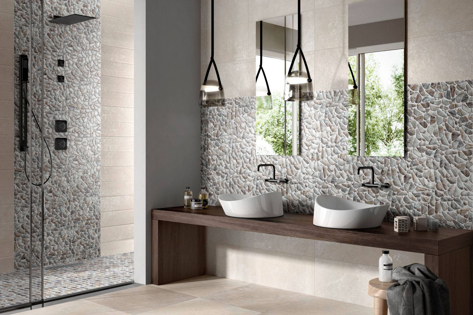 Glass Pebble Grey Beige Mix + Glass Square Grey Beige Mix | Clon Digital Tile Catalog