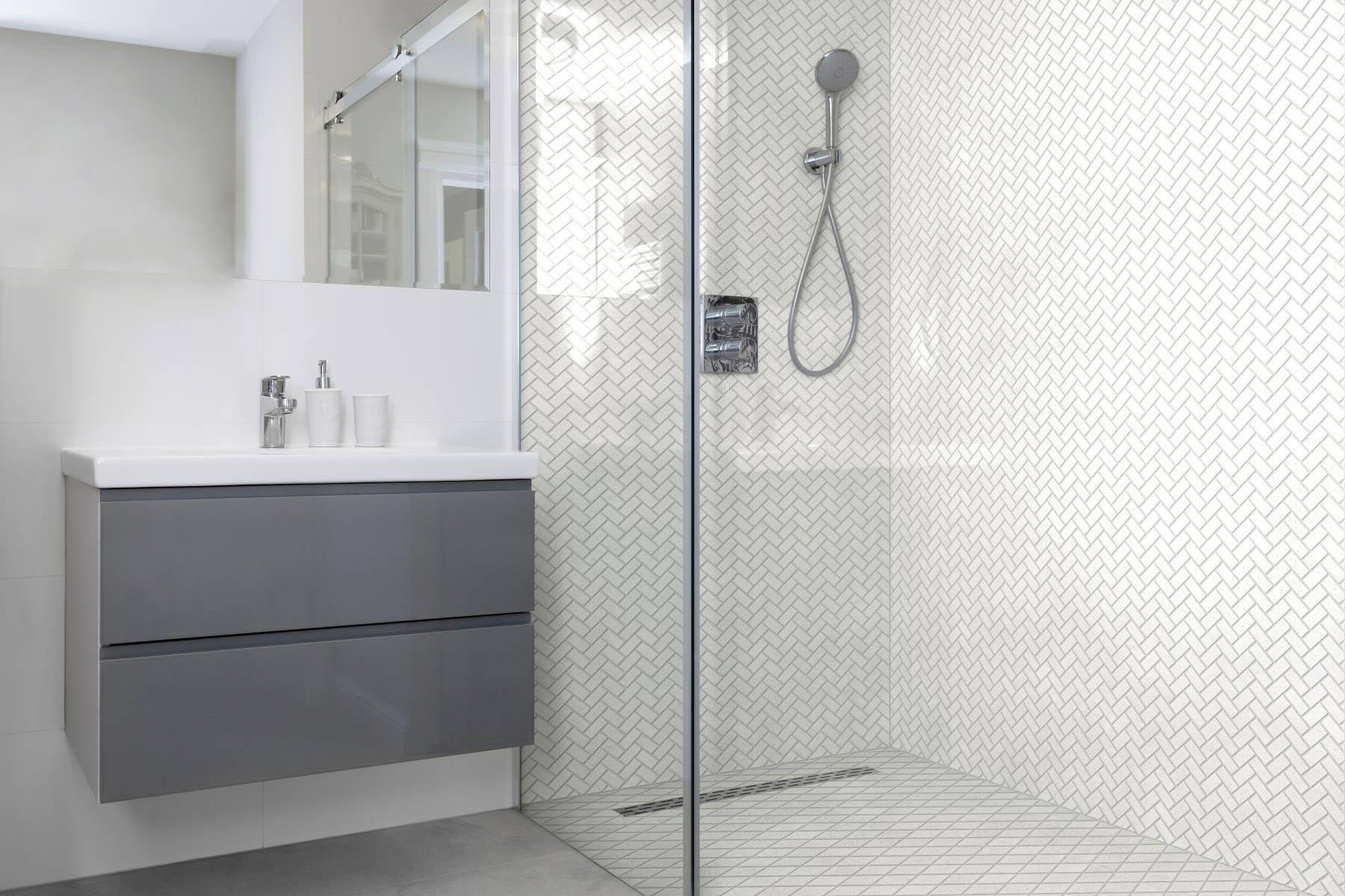 Herringbone Crystal + Crystal White  Marble Diamond | Clon Digital Tile Catalog