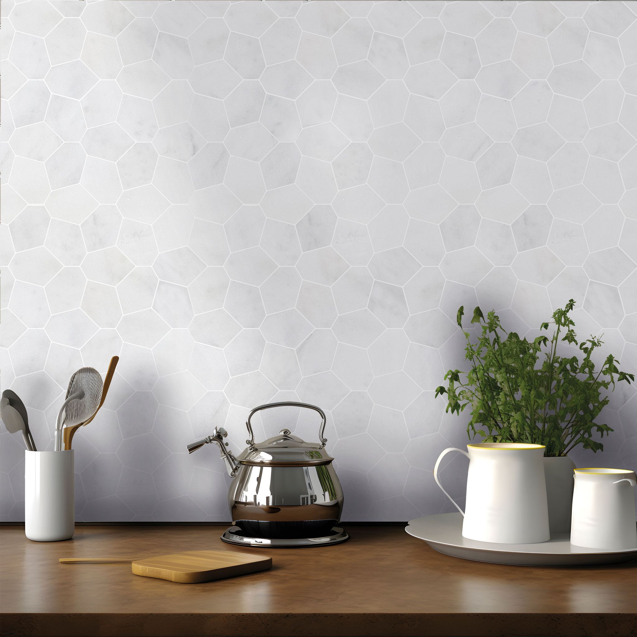 Irregular Hexagon White Grey Marble  | Clon Digital Tile Catalog