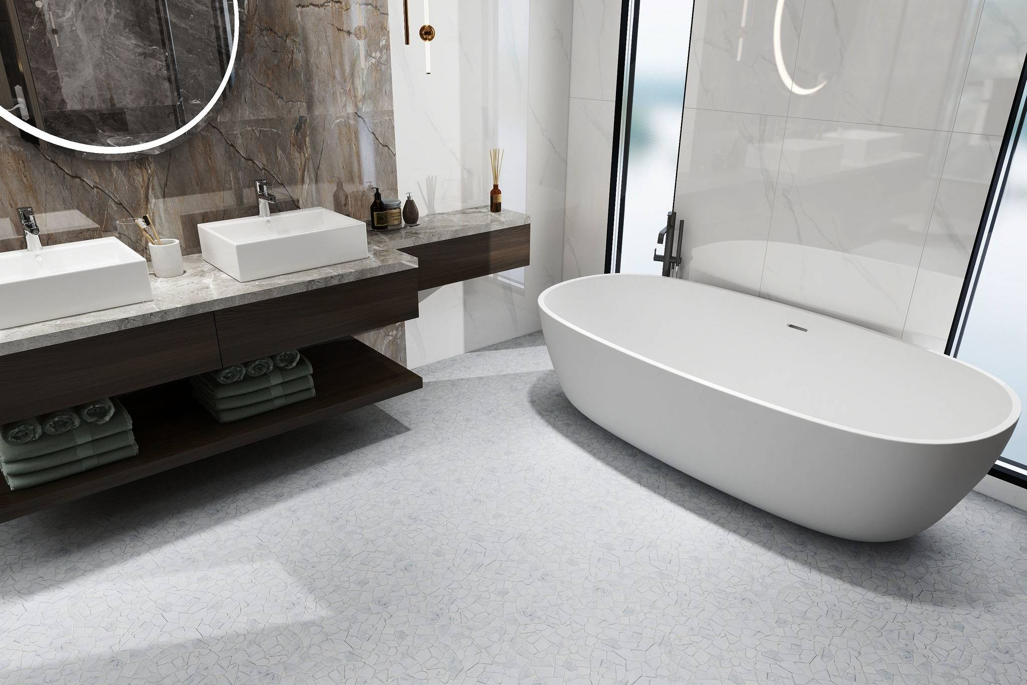 Mini Opus Matte White Grey Marble Stone Interlocking | Clon Digital Tile Catalog